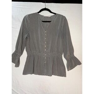 Ellison Black&white smocked waist & sleeve button up geometric blouse sz s